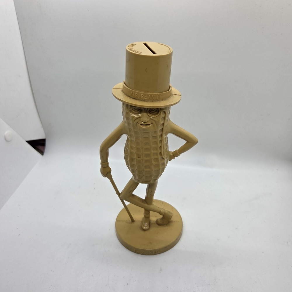VTG Mr. Peanut Planters Nut Plastic Coin‎ Bank Tan Top Hat Cane Promo 8.5"